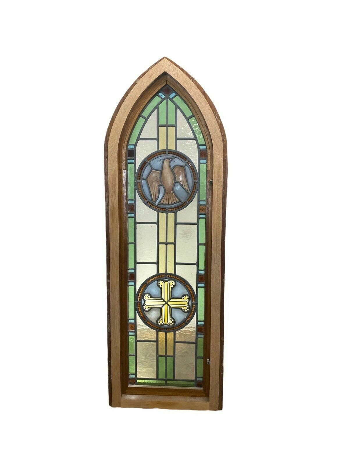 Exquisite Stained Glass Hand Painted Window Panel Old Restored Arched Teak Opens photo vintage