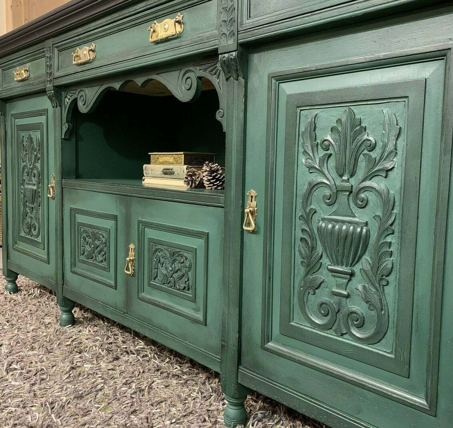 Painted Edwardian Sideboard Solid Oak Carvings Commissions Welcome photo vintage