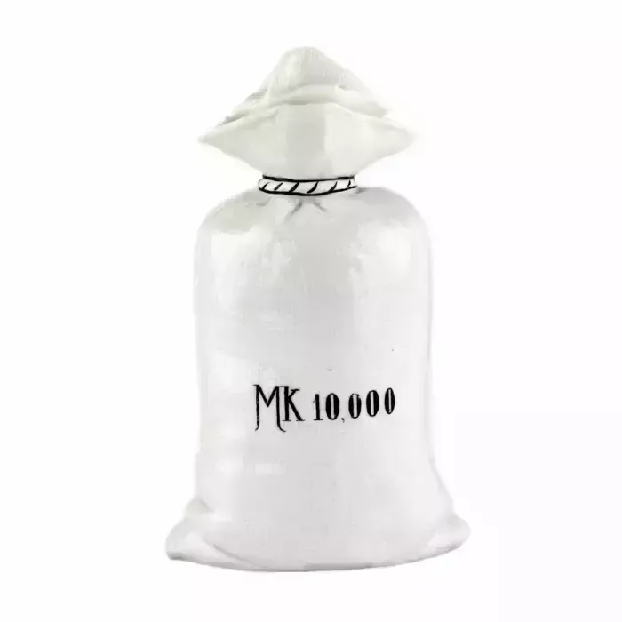 Porcelain Bottle Mein Flüssiges Kapital, In The Shape Of A Canvas Money Bag. photo for sale