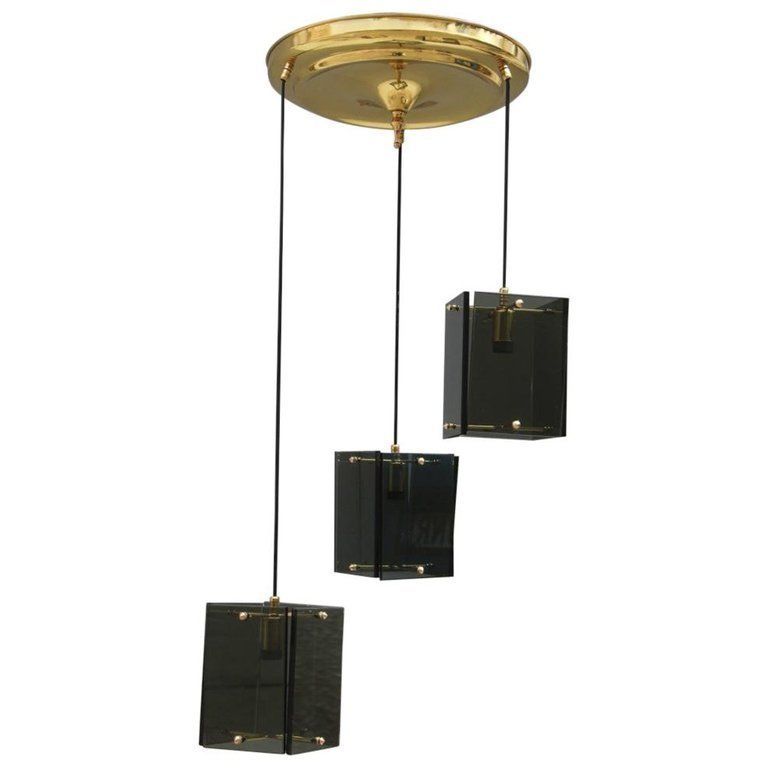 Mid Century Modern Italian Chandelier Brass Crystal Grey Gold Glass Often