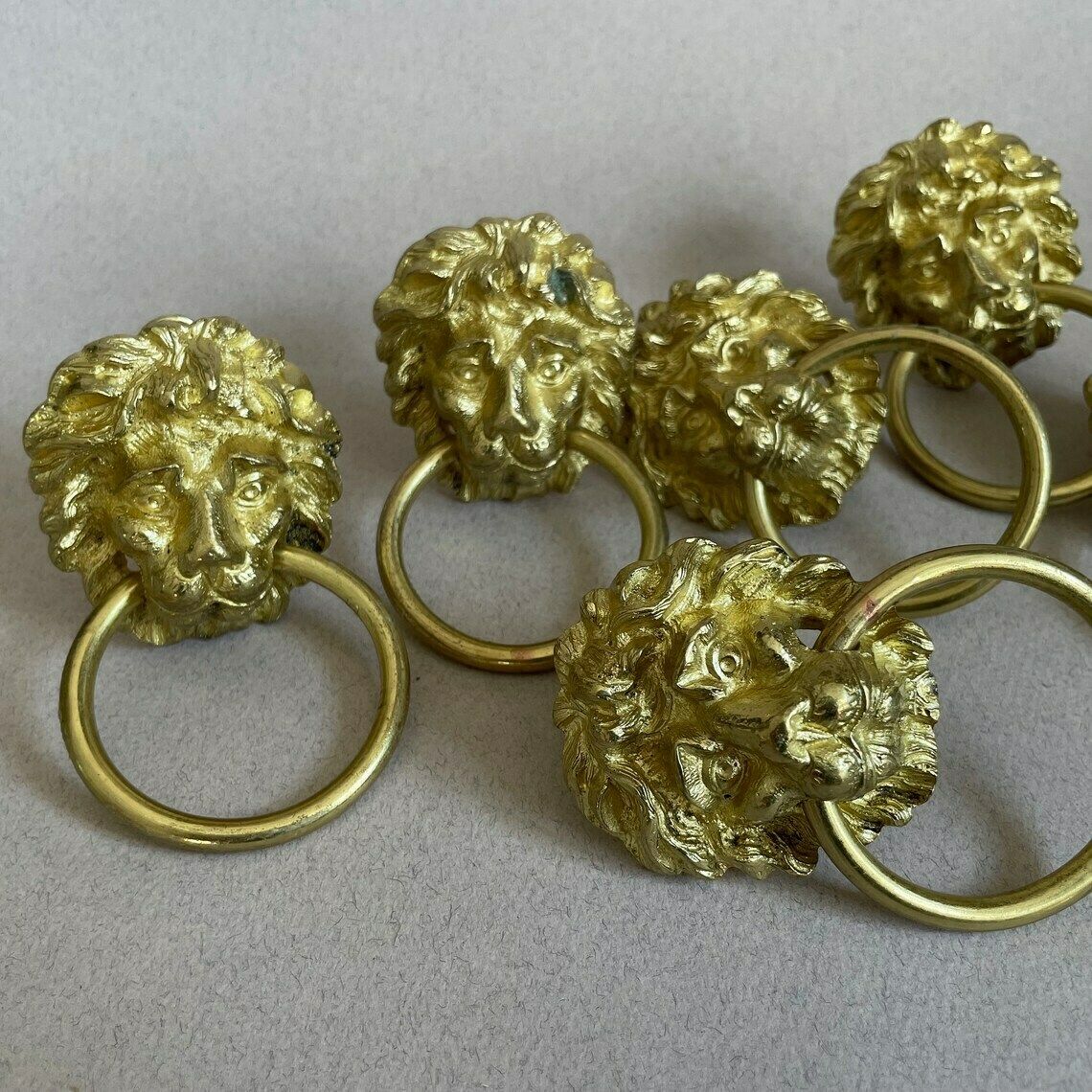 6 Matching Antique Gold Cupboard Lion Head Face Handles Ornate Drawer Pulls Furniture Trims Old Reclaimed Drawers Ring Loop Brass photo furniture