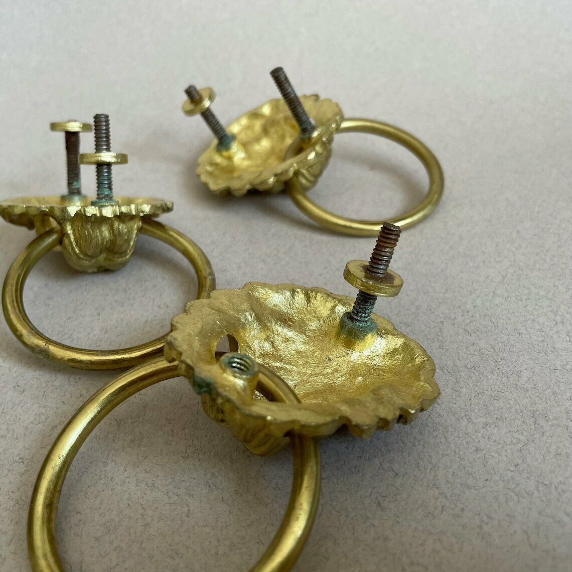 6 Matching Antique Gold Cupboard Lion Head Face Handles Ornate Drawer Pulls Furniture Trims Old Reclaimed Drawers Ring Loop Brass photo for sale