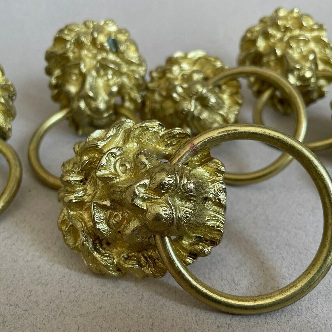6 Matching Antique Gold Cupboard Lion Head Face Handles Ornate Drawer Pulls Furniture Trims Old Reclaimed Drawers Ring Loop Brass photo Home Decor
