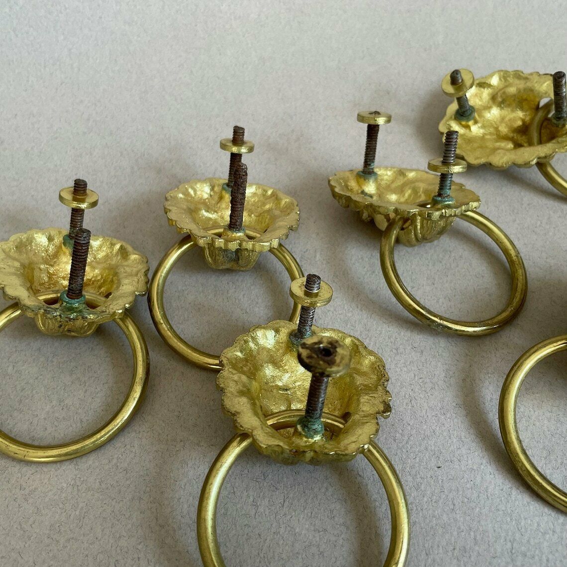 6 Matching Antique Gold Cupboard Lion Head Face Handles Ornate Drawer Pulls Furniture Trims Old Reclaimed Drawers Ring Loop Brass photo 55.0