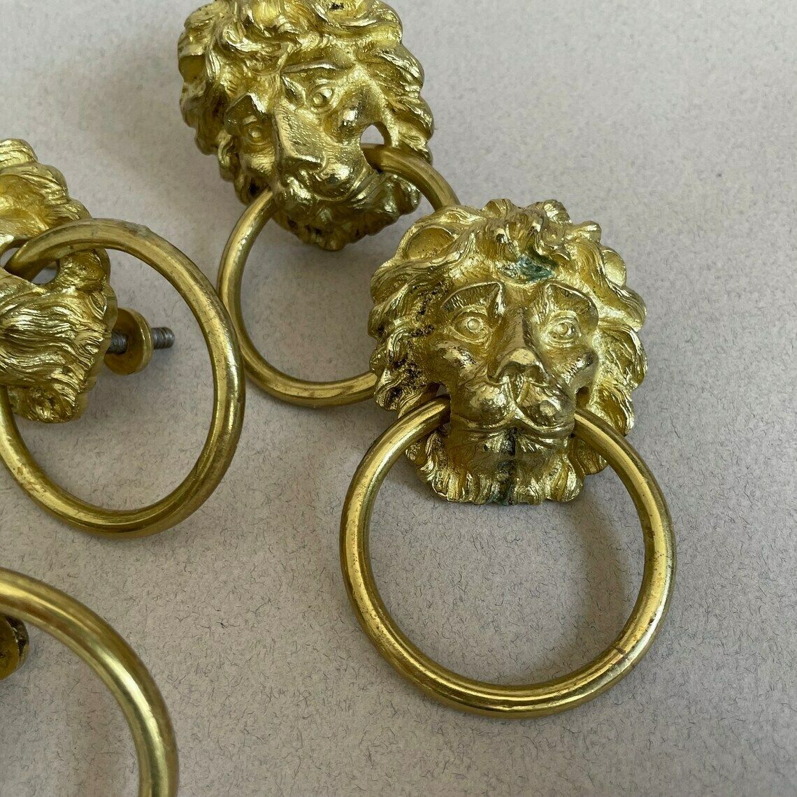 6 Matching Antique Gold Cupboard Lion Head Face Handles Ornate Drawer Pulls Furniture Trims Old Reclaimed Drawers Ring Loop Brass photo vinterior