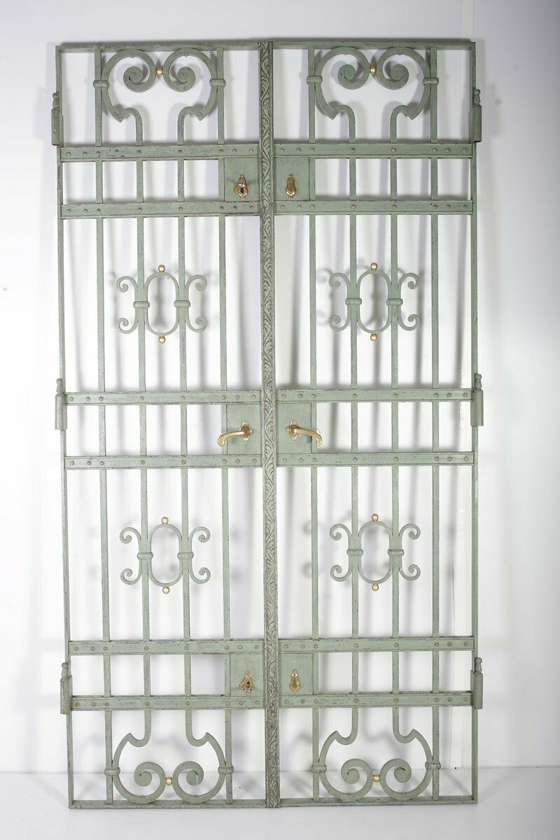 Set Of 2 Antique Green Interior Iron Wrought Double Doors, Bohemia, 1880s photo furniture