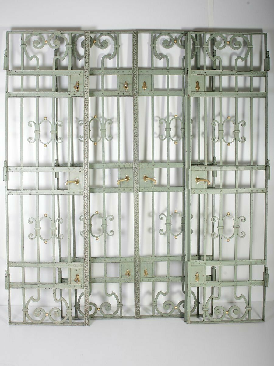 Set Of 2 Antique Green Interior Iron Wrought Double Doors, Bohemia, 1880s