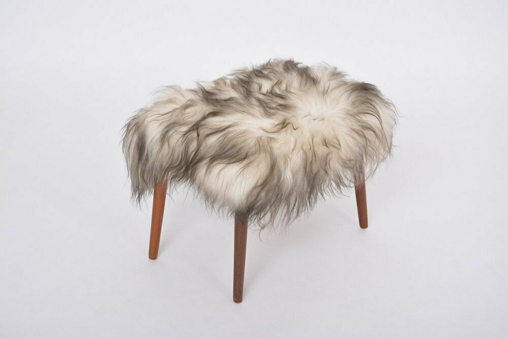 Mid Century Danish Modern Stool Covered In White & Black Sheepskin, 1950s