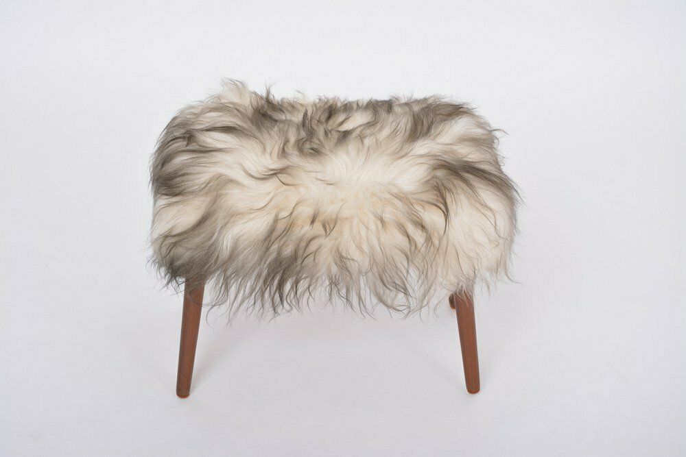 Mid Century Danish Modern Stool Covered In White & Black Sheepskin, 1950s photo for sale