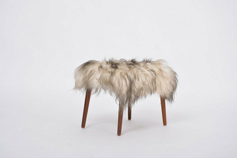 Mid Century Danish Modern Stool Covered In White & Black Sheepskin, 1950s photo 500.0
