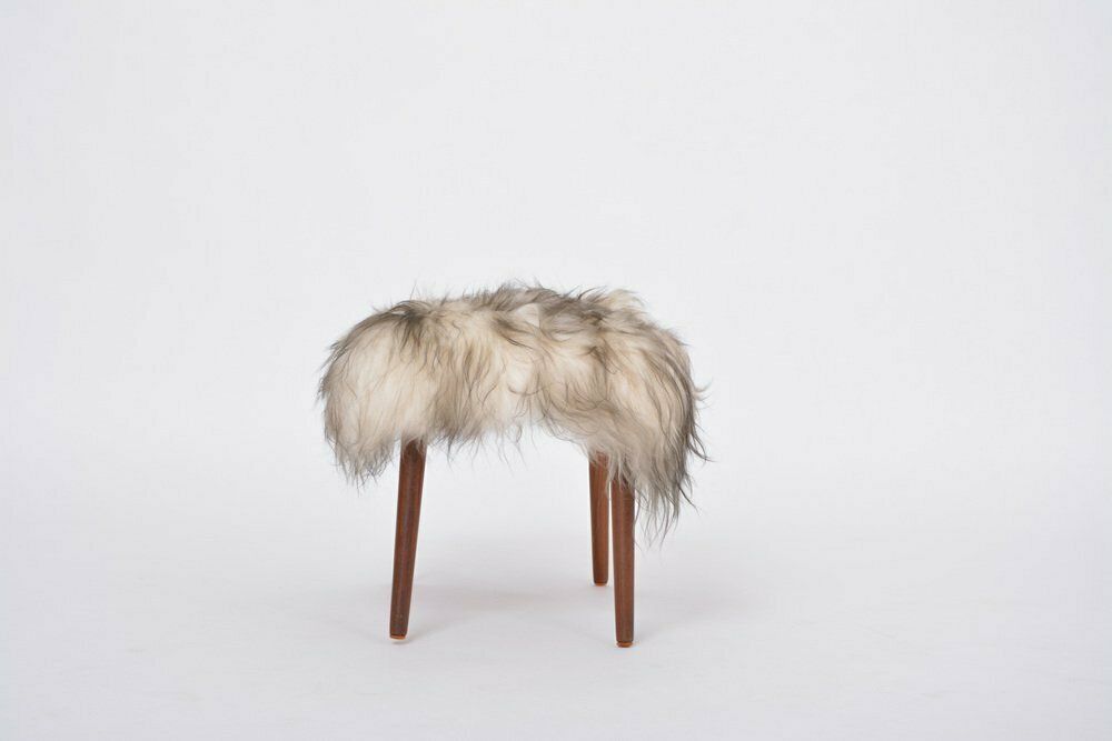 Mid Century Danish Modern Stool Covered In White & Black Sheepskin, 1950s photo buy