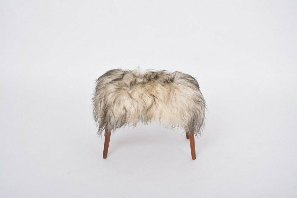 Mid Century Danish Modern Stool Covered In White & Black Sheepskin, 1950s photo vintage