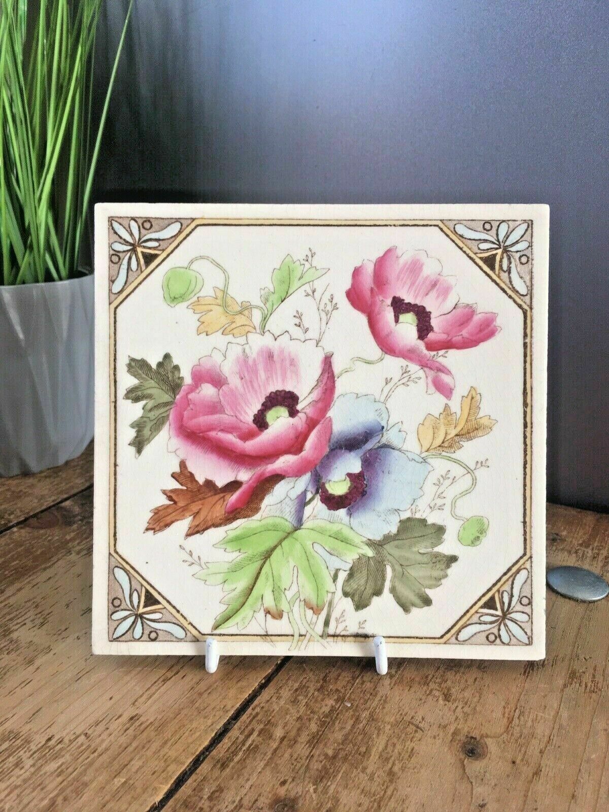6 Aesthetic Movement W & E Corn Reclaimed Fireplace Floral Tiles Minton Interest photo for sale