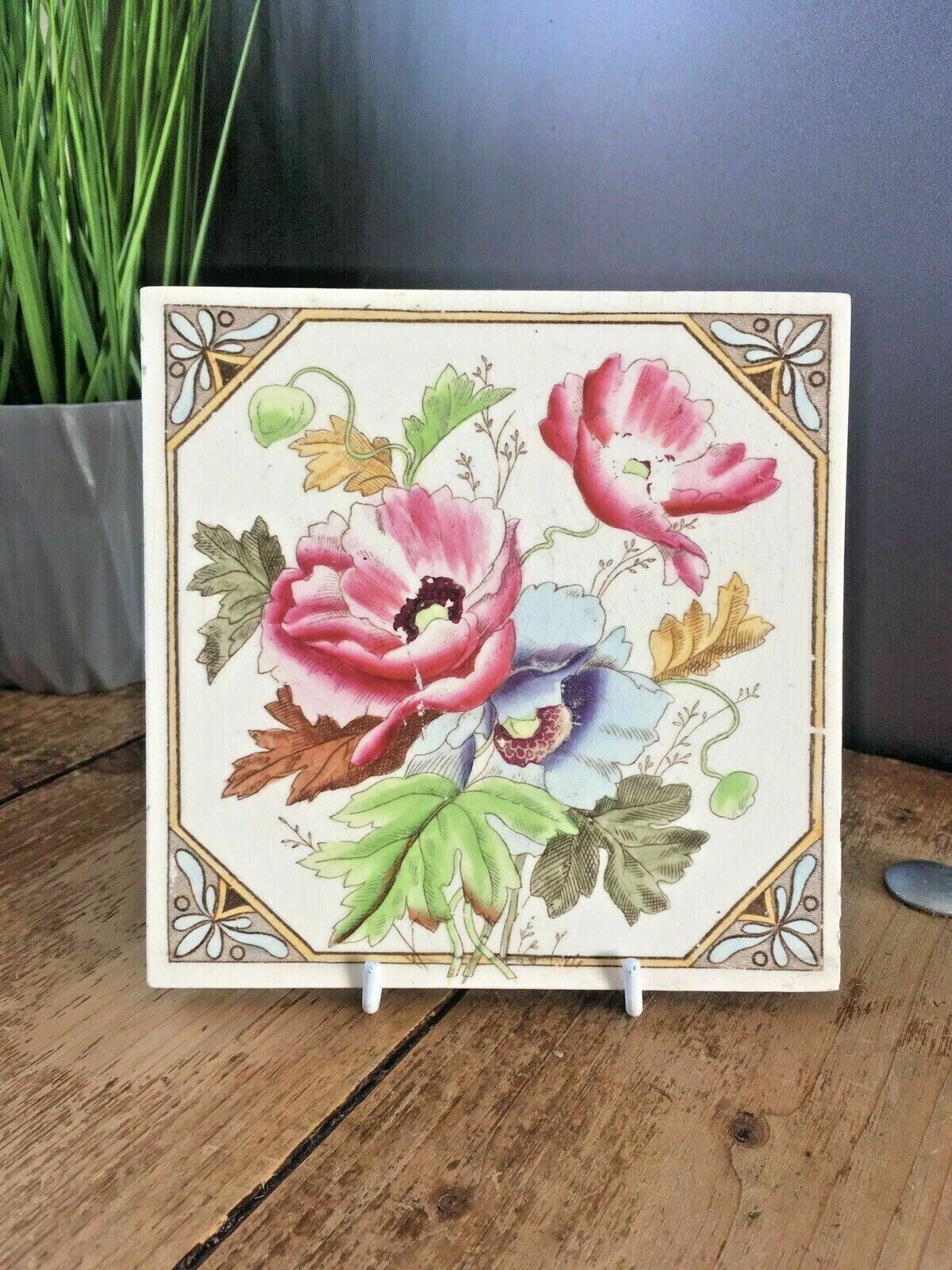 6 Aesthetic Movement W & E Corn Reclaimed Fireplace Floral Tiles Minton Interest photo vinterior
