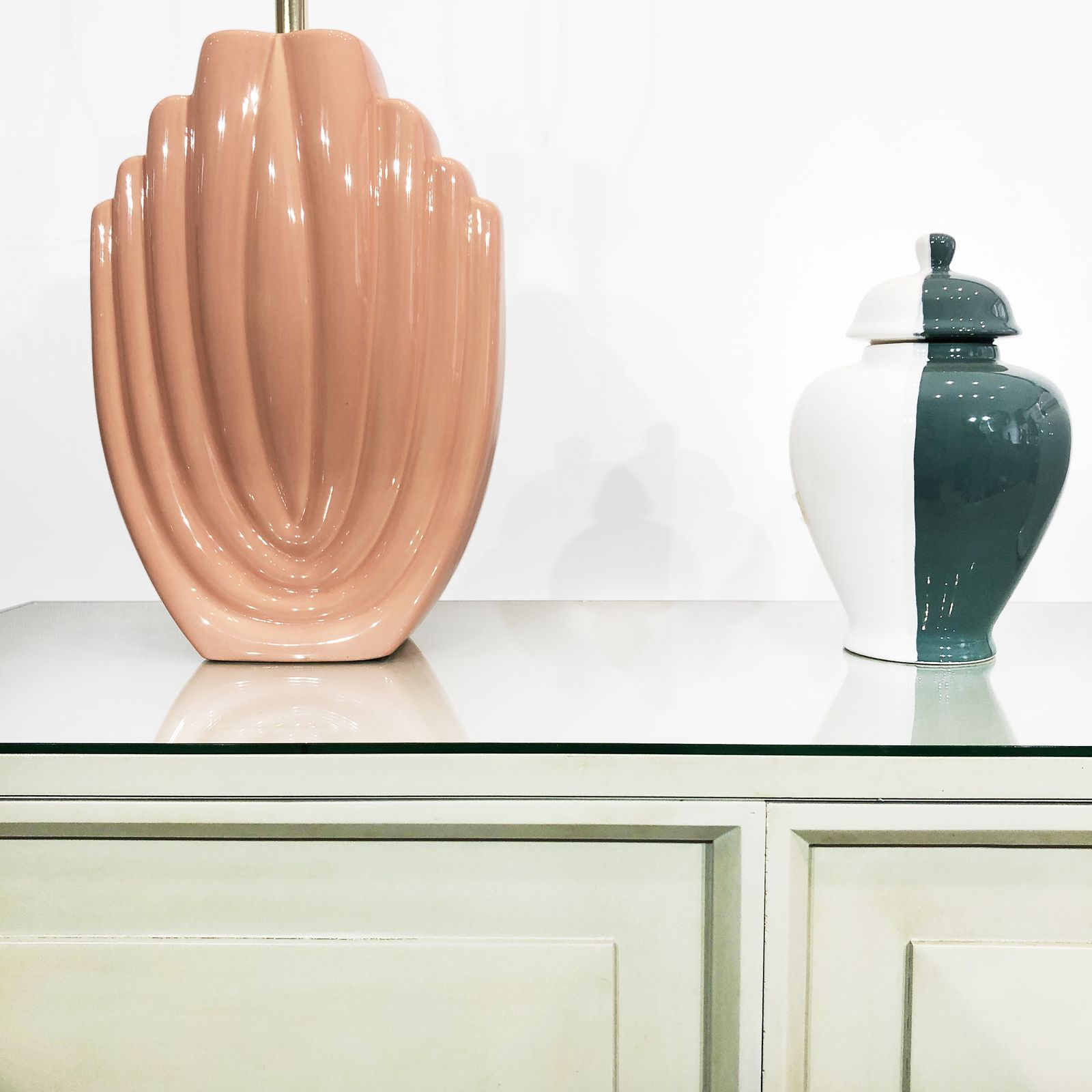 photo for sale 1980s Salmon Pink Ceramic Table Lamp Art Deco Pastel Midcentury Golden Girls