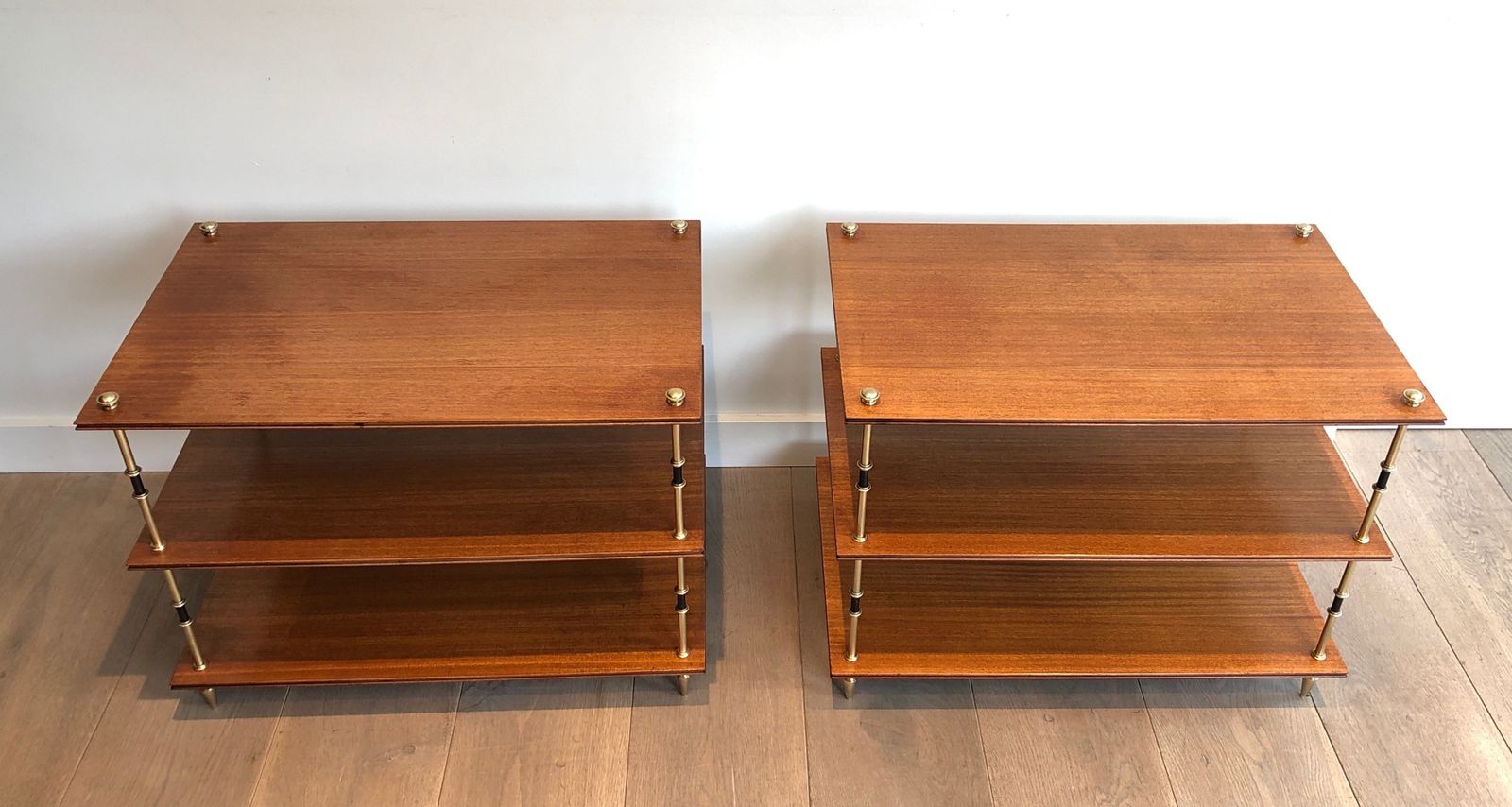 Pair Of Small Consoles Or Sofa Ends With Three Levels In Mahogany And Brass From Maison Jansen photo furniture