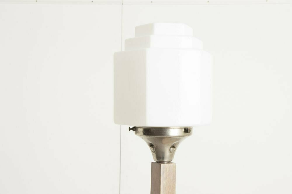 British Art Deco Limed Oak Lamp Table With Original Opal Glass Shade C.1930 photo vinterior
