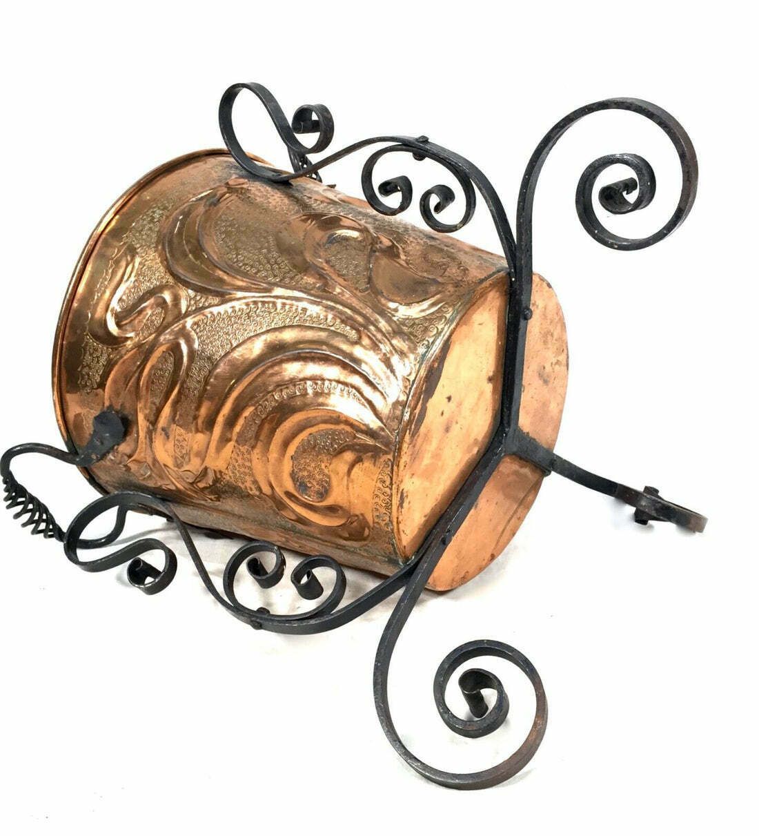 Antique Art Nouveau Copper & Cast Iron Bin / Planter / Arts & Crafts Log Basket photo Home Decor