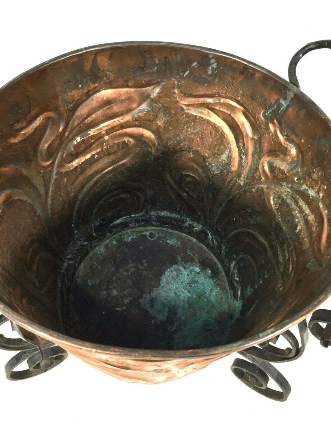 Antique Art Nouveau Copper & Cast Iron Bin / Planter / Arts & Crafts Log Basket photo buy