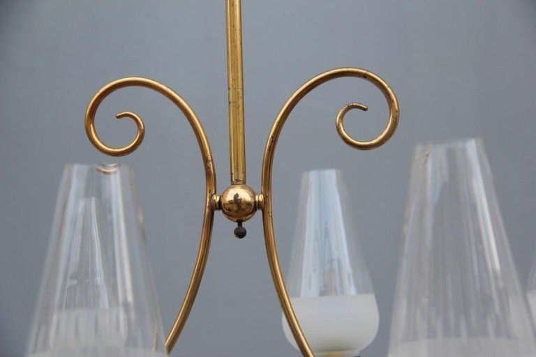 Mid Century Italian Chandelier Brass Green Glass 1950 Gold Crystal photo vinterior