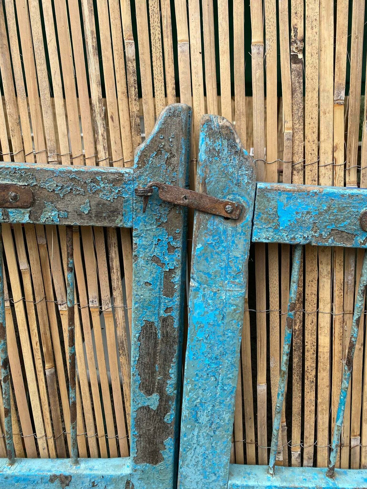 Pair Of Vintage Garden Gates — Distressed Turquoise Paint With Original Hook & Hinges, Mid 20th Century Salvage photo for sale