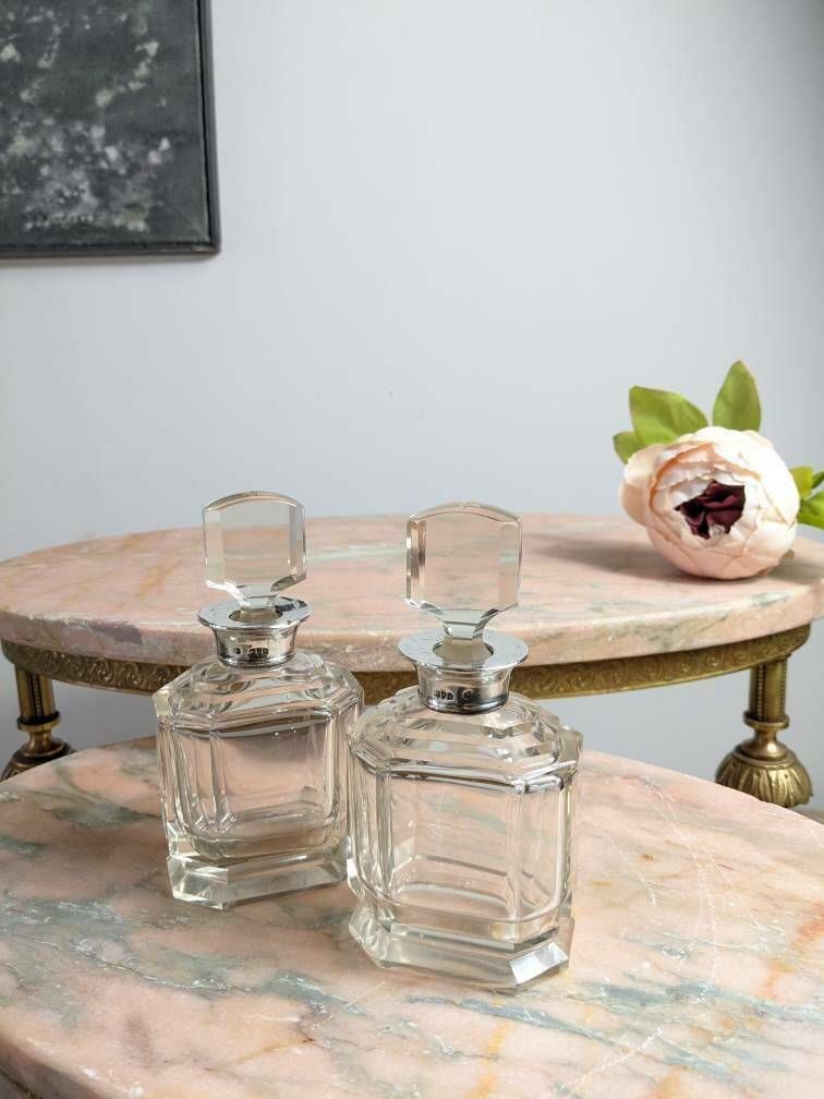 A Pair Of Exquisite Art Deco Antique Cut Glass Scent Bottles With Solid Silver Mounts, Hallmarked London 1932/33 photo for sale
