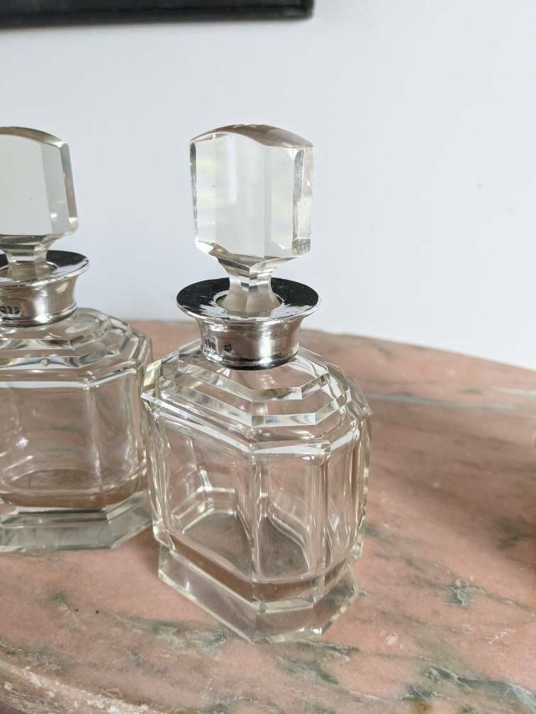 photo furniture A Pair Of Exquisite Art Deco Antique Cut Glass Scent Bottles With Solid Silver Mounts, Hallmarked London 1932/33