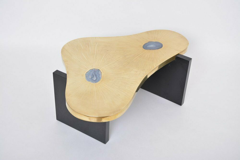 Etched Brass Coffee Table With Agathe Stones In The Style Of Lova Creation, 1980s photo 7500.0