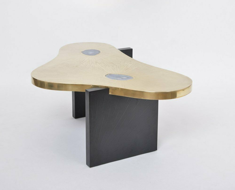 photo vinterior Etched Brass Coffee Table With Agathe Stones In The Style Of Lova Creation, 1980s
