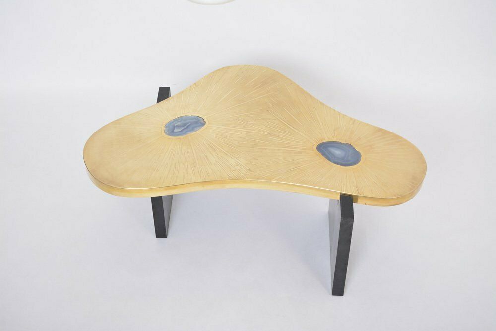 photo vintage Etched Brass Coffee Table With Agathe Stones In The Style Of Lova Creation, 1980s