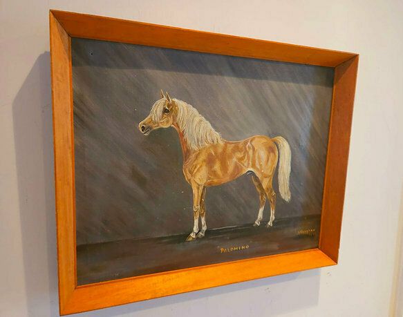 Large Mid Century Oil On Canvas Of Palomino Stallion Dated 1970 photo 175.0