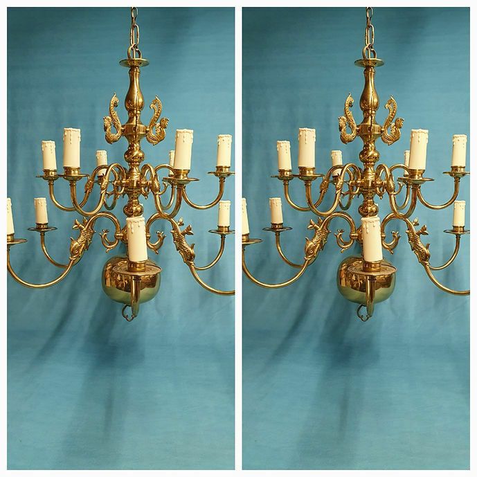 Mid 20th Century Pair Of Dutch Style Brass Chandeliers. Price For Two Chandelier