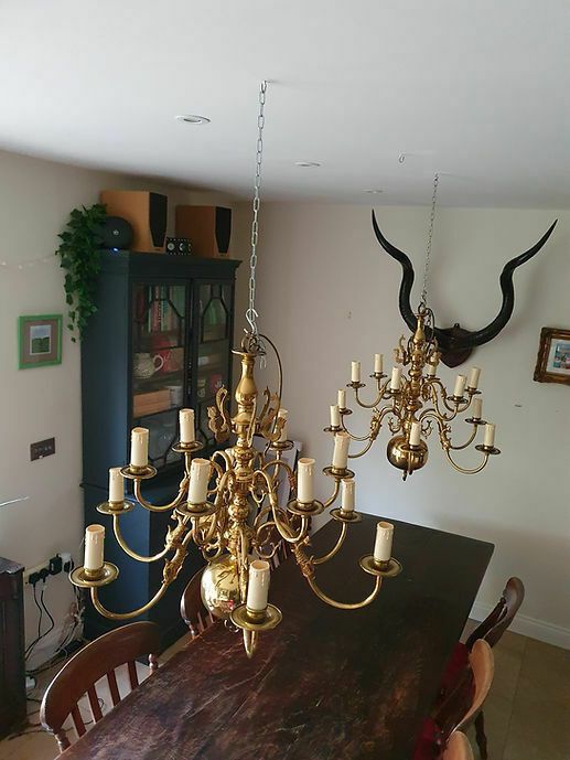 Mid 20th Century Pair Of Dutch Style Brass Chandeliers. Price For Two Chandelier photo for sale