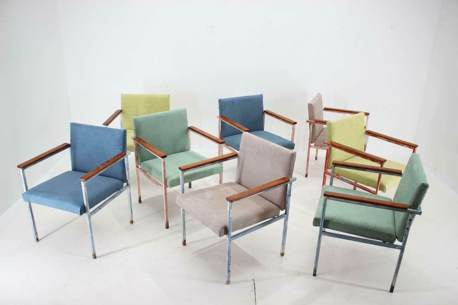 1960s Set Of Eight Iron And Wood Armchairs/Dining Chairs, Czechoslovakia