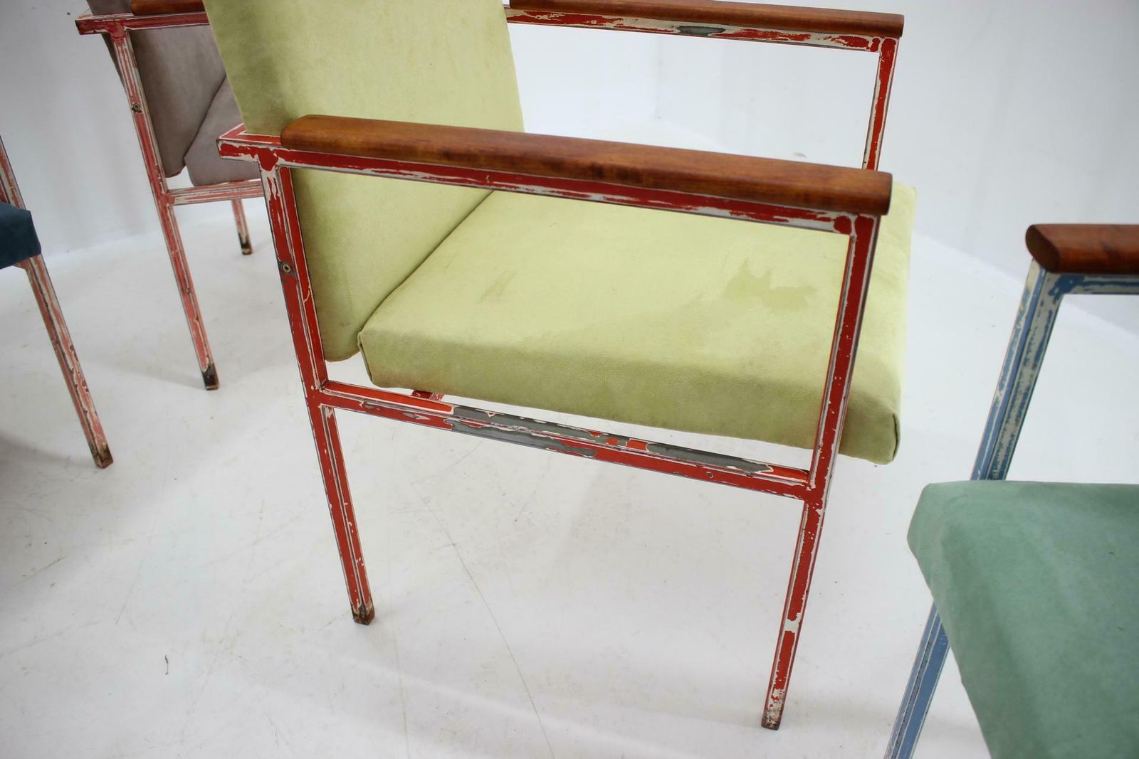 1960s Set Of Eight Iron And Wood Armchairs/Dining Chairs, Czechoslovakia photo vintage