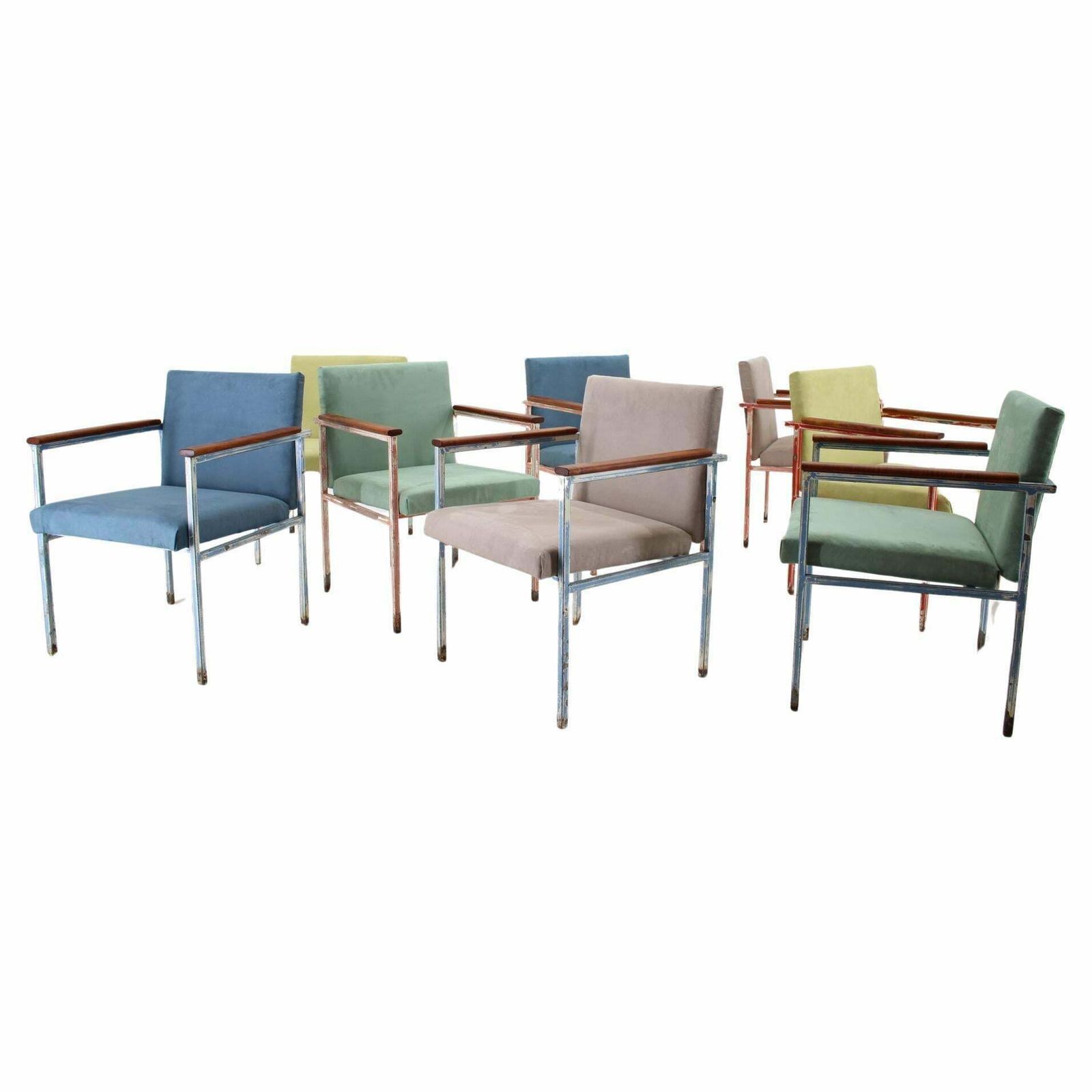 photo buy 1960s Set Of Eight Iron And Wood Armchairs/Dining Chairs, Czechoslovakia