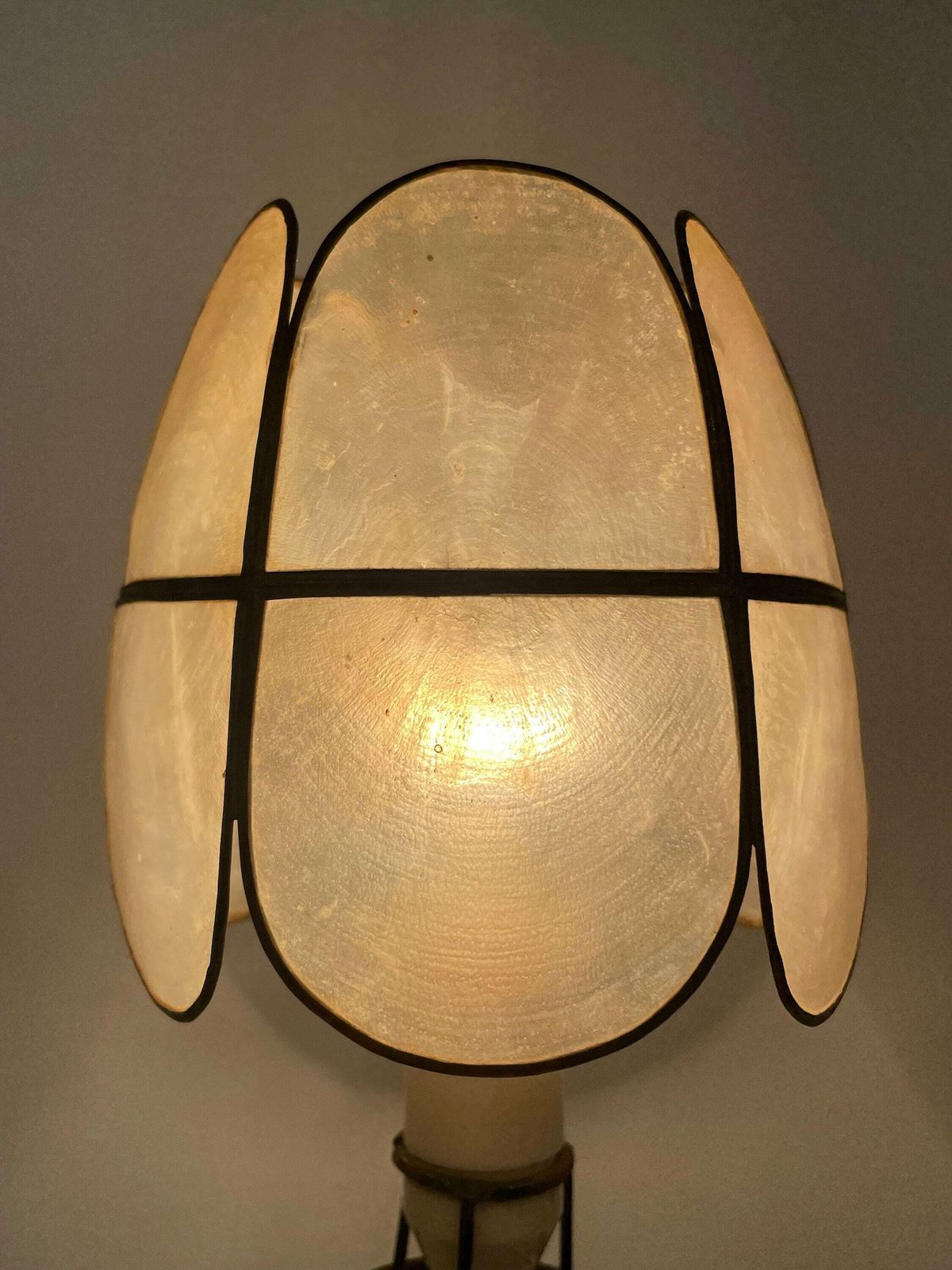 Vintage Danish Bamboo Wood Mid Century Tripod Table Lamp With Modernist Design Base And Seashell Shade photo Lighting
