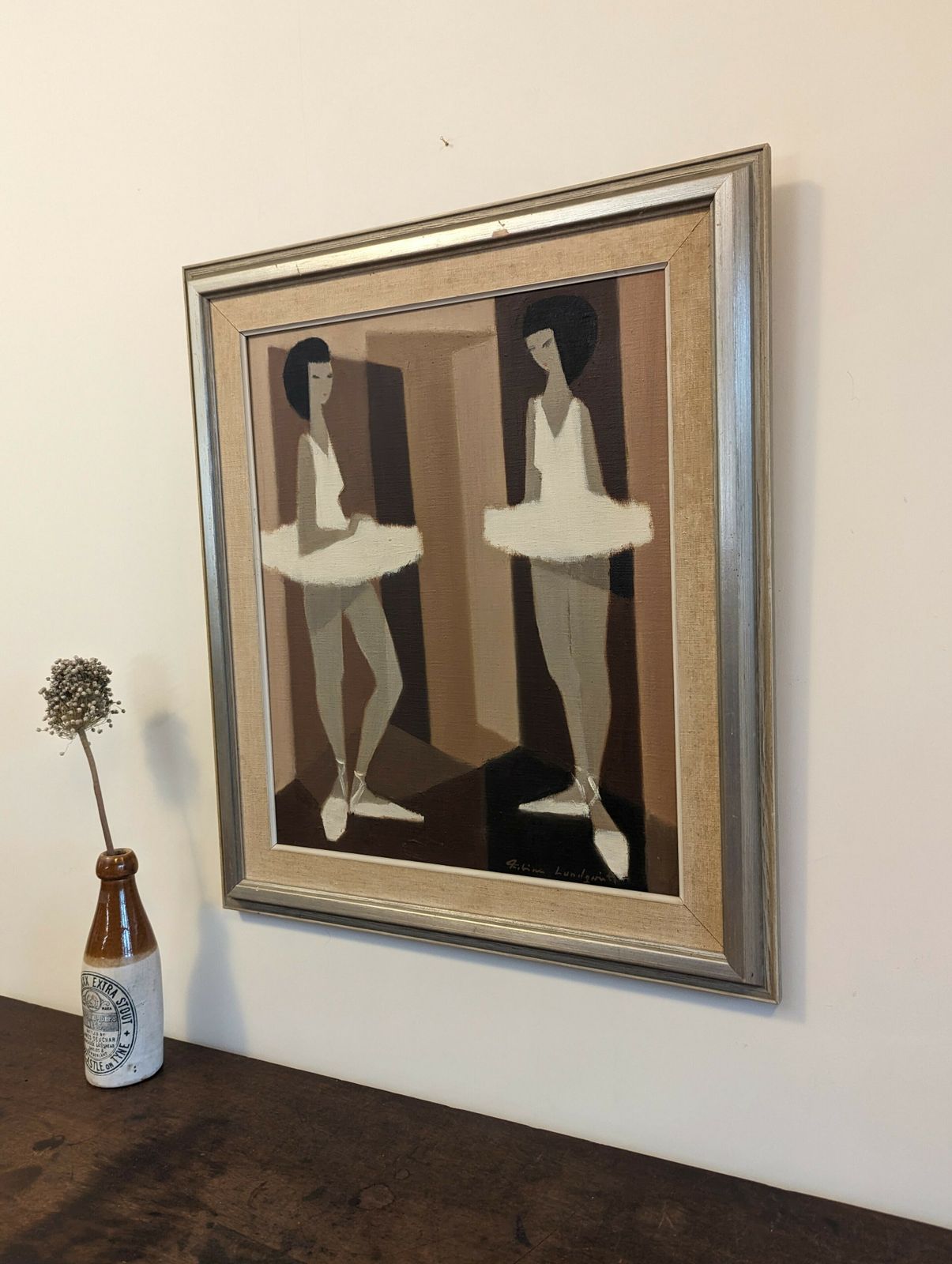 Mid Century Swedish Framed Figurative Oil Painting, Modernist Ballerinas photo for sale
