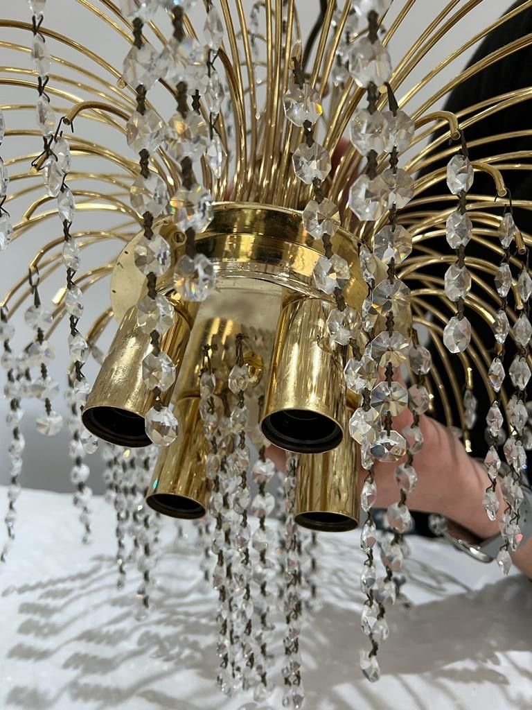 Mid Century Modern Brass And Crystal 1970s Waterfall Chandeliers   50cm