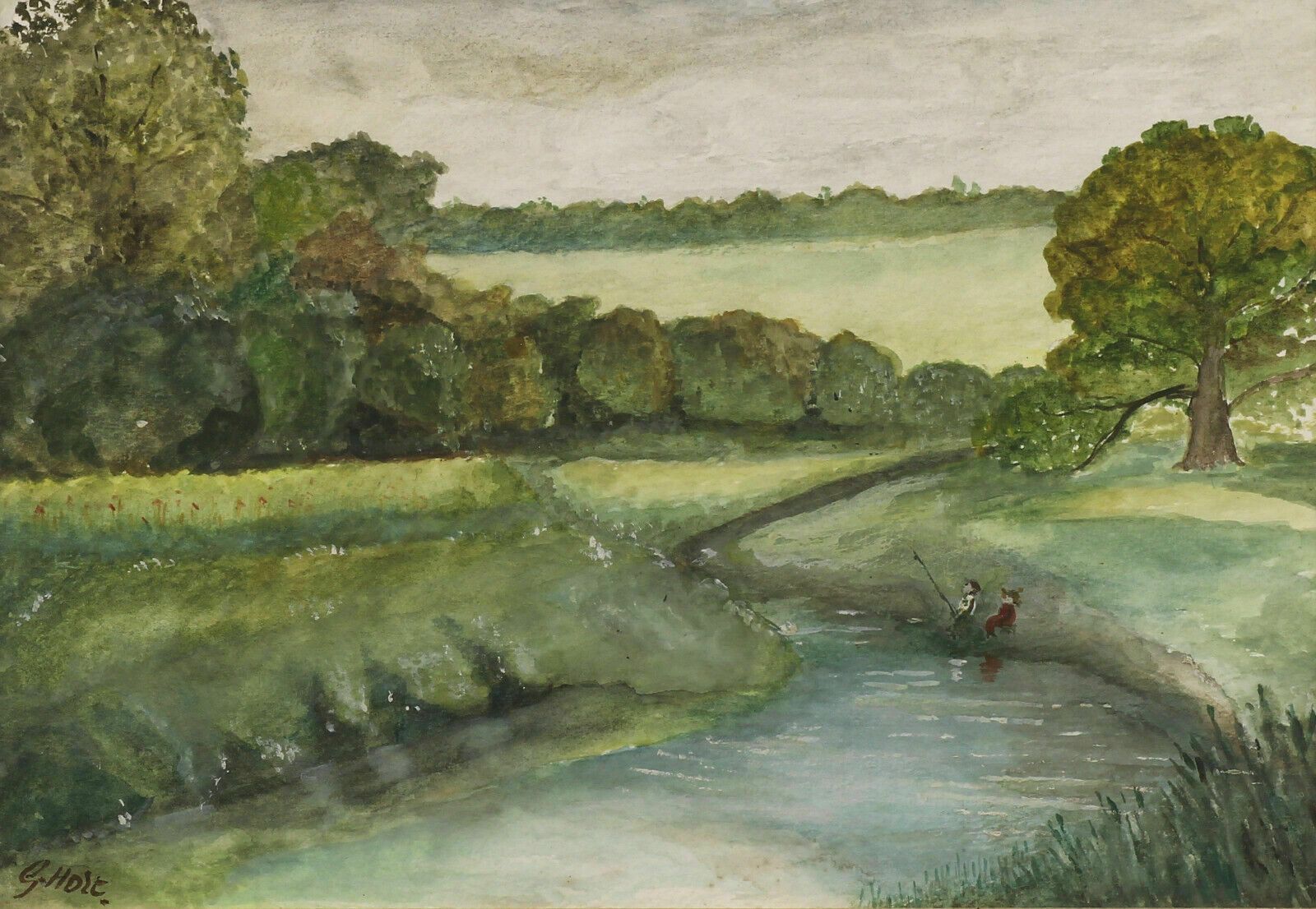 Watercolour By G Holt. Fishing On The River photo furniture