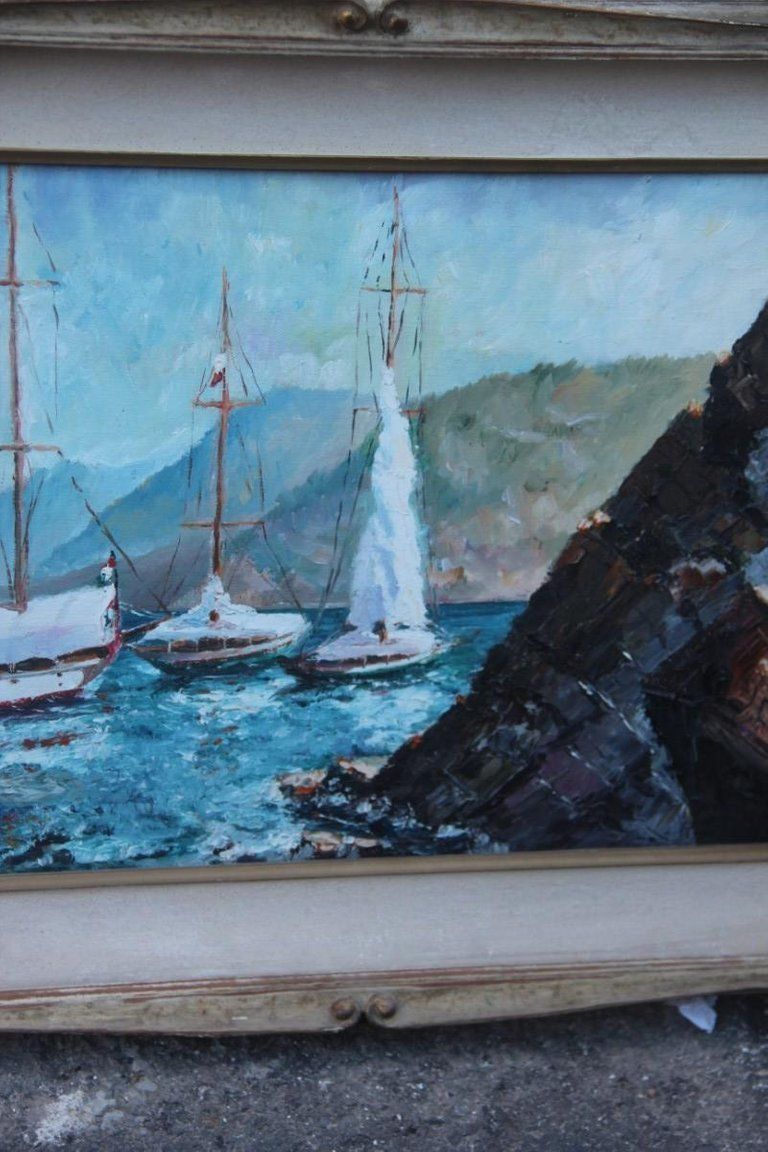 Oil On Cardboard Boats On The Sea In 1940 With Lacquered Frame photo furniture