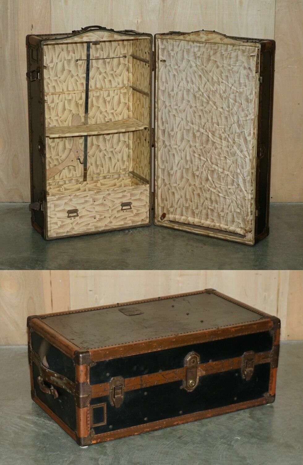Antique Brown Leather Innovation Company Wardrobe Steamer Trunk Coffee Table