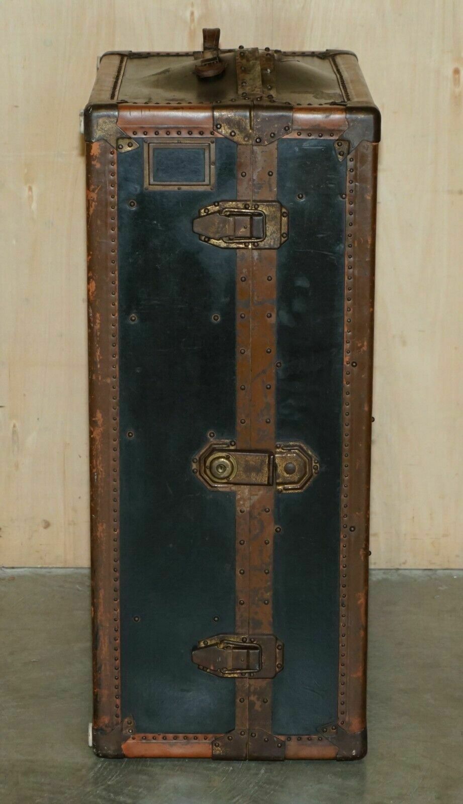 Antique Brown Leather Innovation Company Wardrobe Steamer Trunk Coffee Table photo for sale