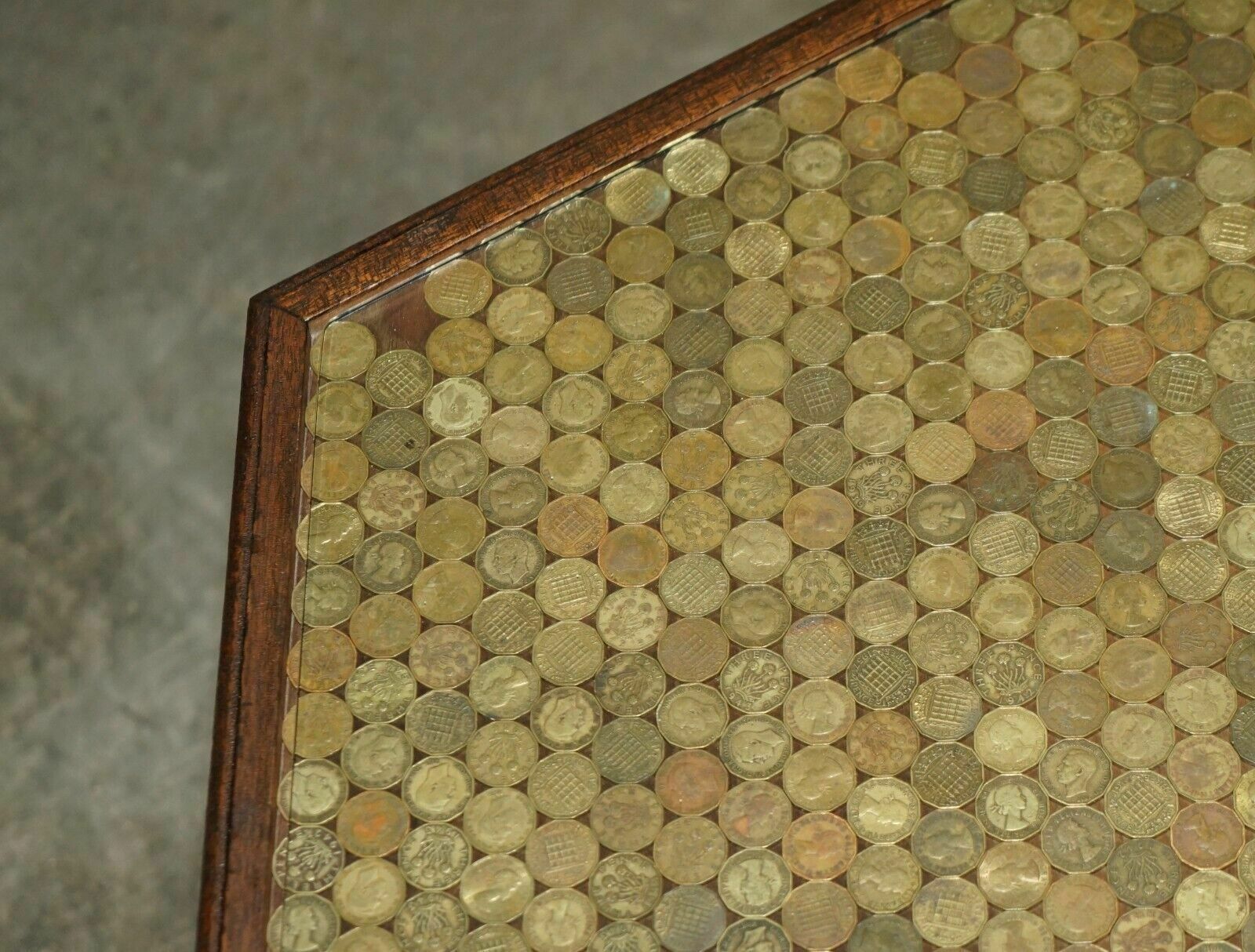 Antique Circa 1920 Coffee Table Covers In English Three Pence Coins From 1940's photo 1500.0