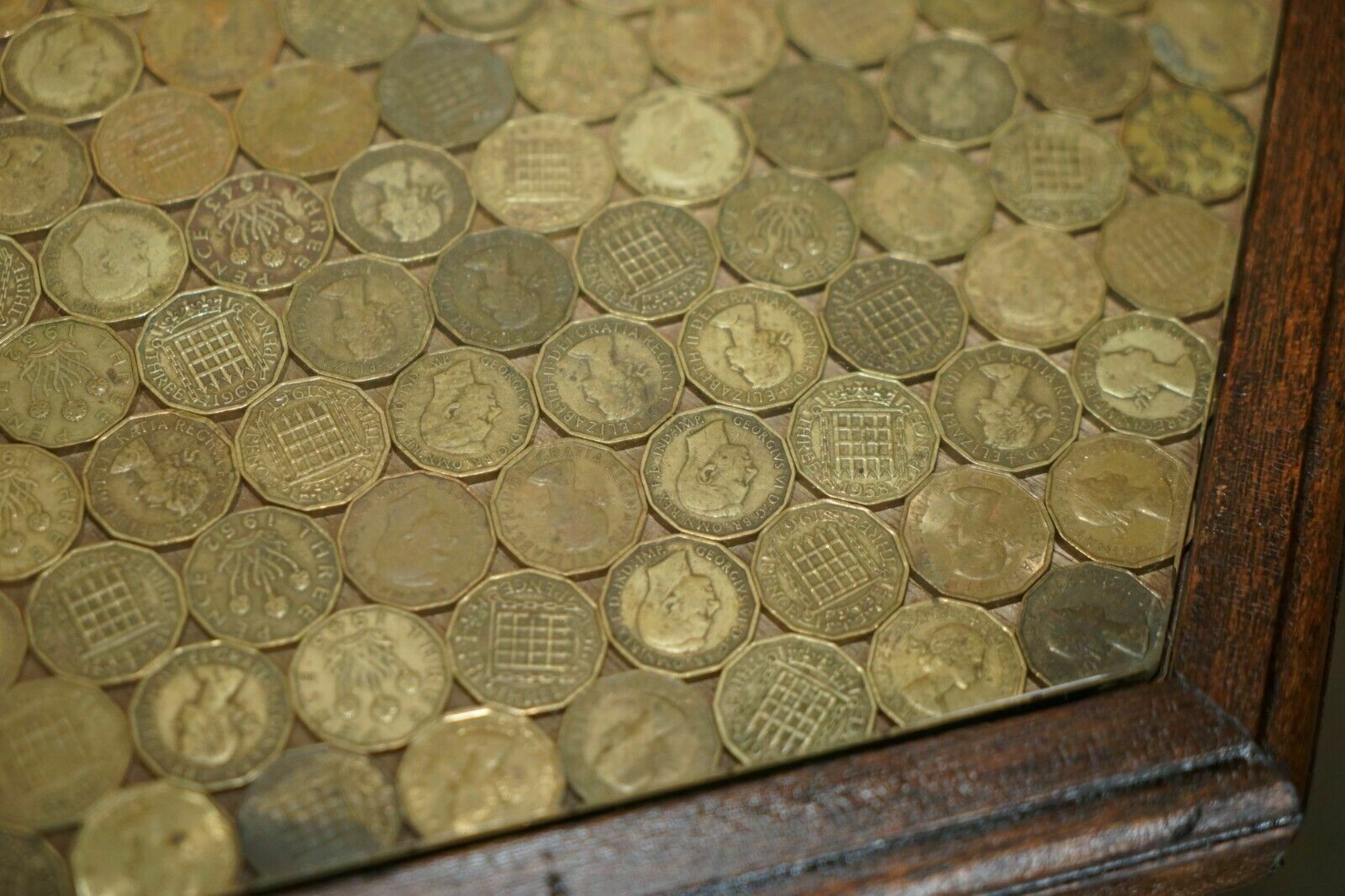 photo furniture Antique Circa 1920 Coffee Table Covers In English Three Pence Coins From 1940's