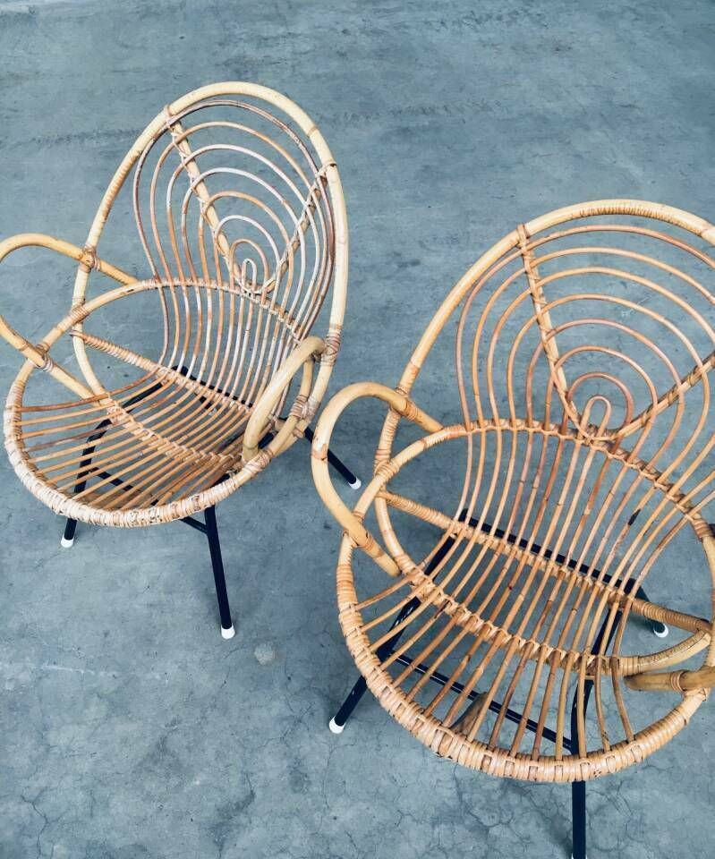 photo vintage 1960's Pair Of Rattan Lounge Chairs By Rohe Noordwolde