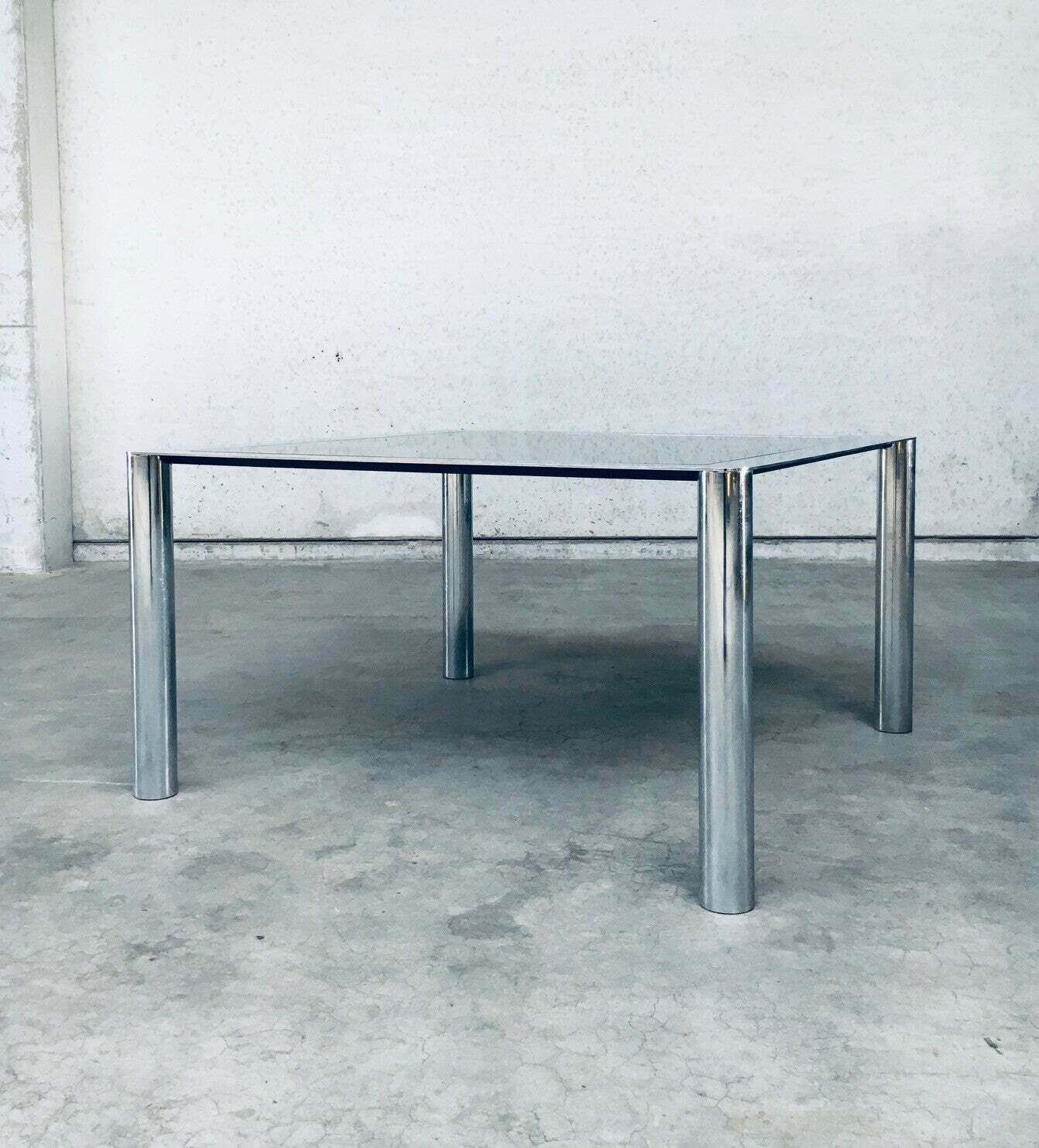 Midcentury Smoked Glass & Chromed Steel Square Dining Table By Sergio Mazza For Cinova, Italy 1970's photo Furniture
