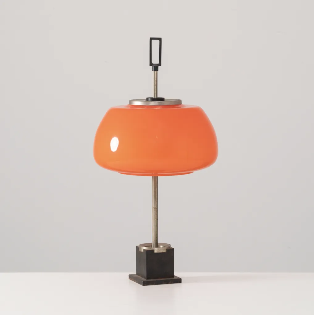 photo vintage Oscar Torlasco, Orange Glass Table Lamp, Prod. Lumi, 1960 Ca.