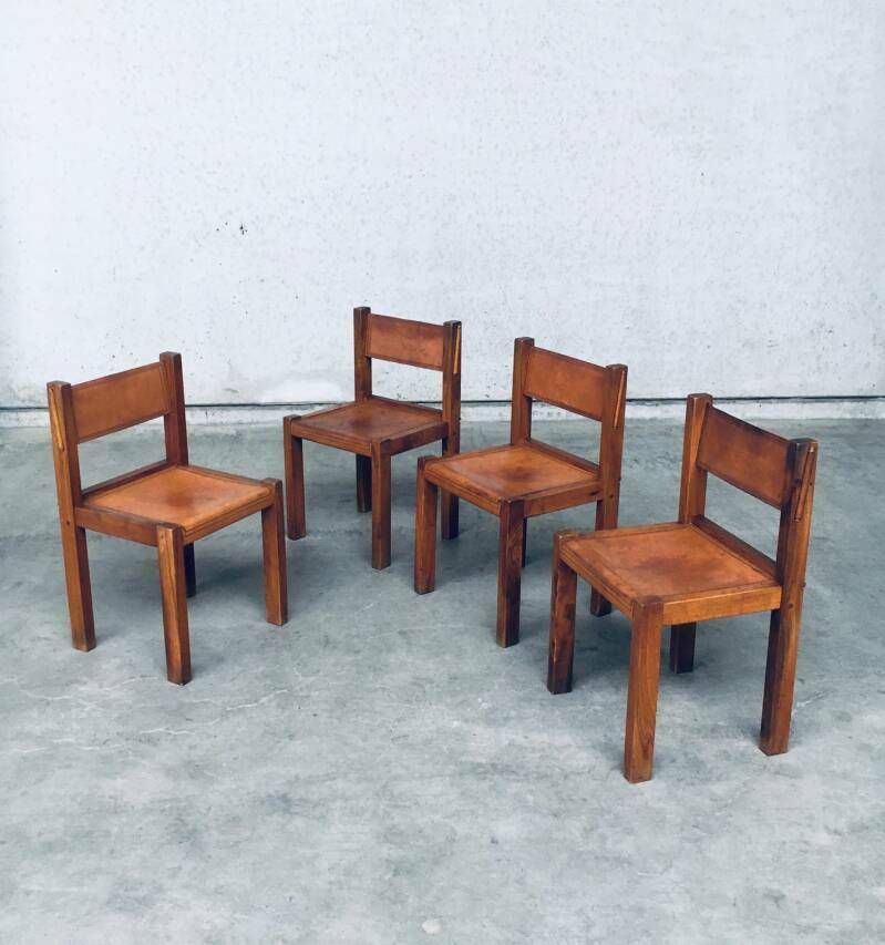Set Eetkamerstoelen Van Iepenhout En Cognackleurig Leer, In De Stijl Van Pierre Chapo, Italië, Ca. Jaren 1960 photo furniture