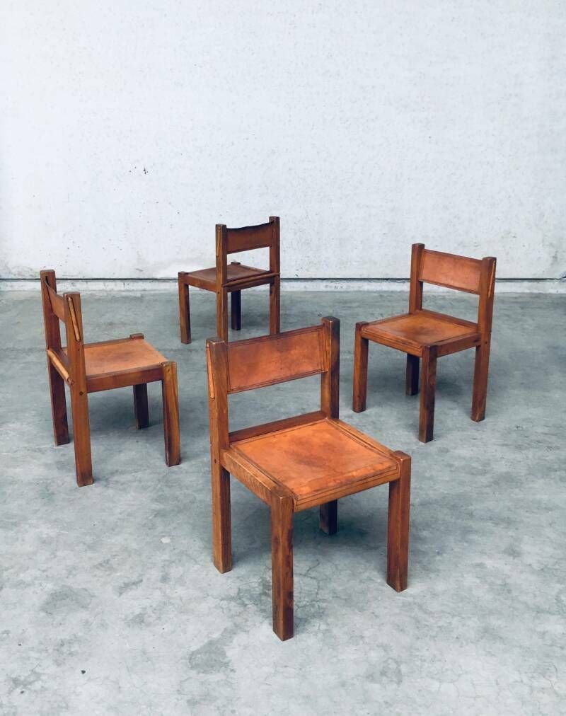 Set Eetkamerstoelen Van Iepenhout En Cognackleurig Leer, In De Stijl Van Pierre Chapo, Italië, Ca. Jaren 1960 photo Meubels